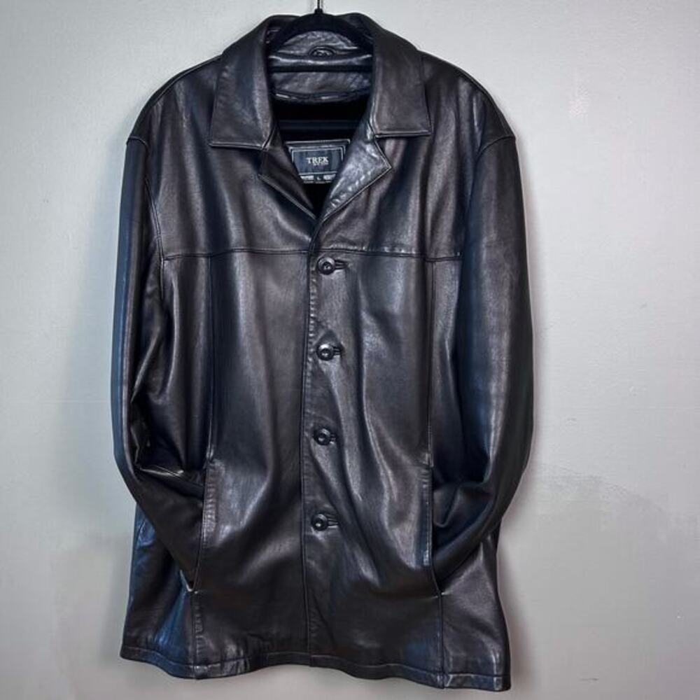 Trek New York leather jacket men’s XL removable liner black long pea coat goth